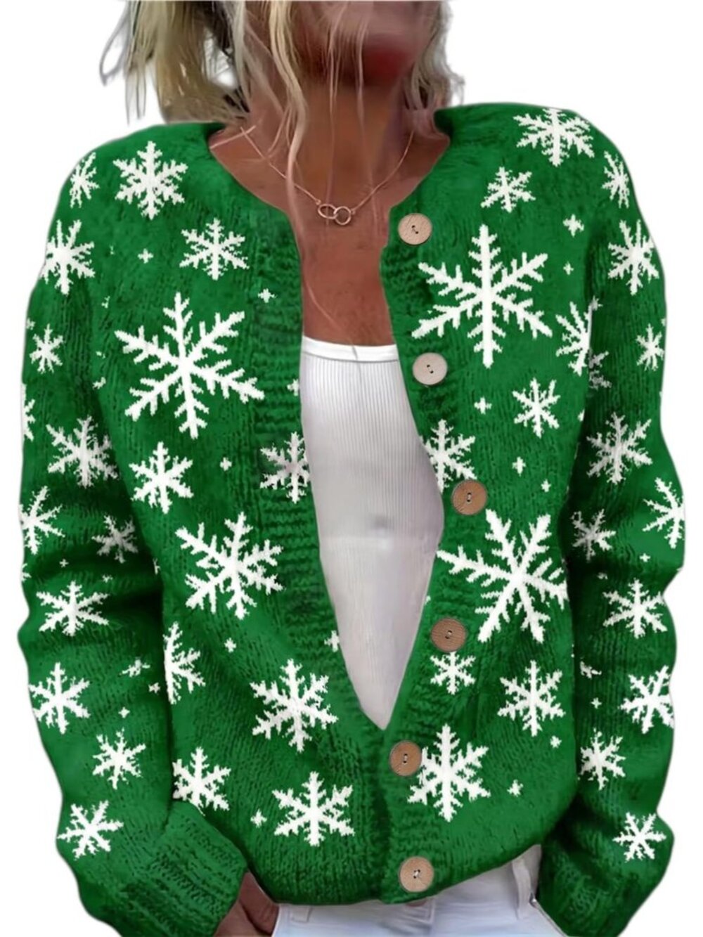 Women’s Green Snowflake Print Ugly Christmas Winter Knit Cardigan Sweater